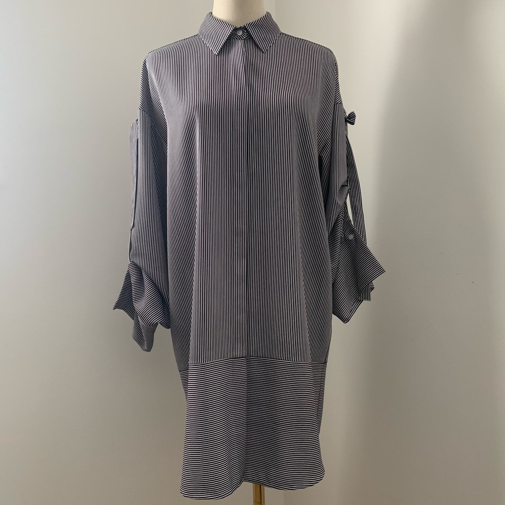 Trouve Tie Sleeve Black & White Striped Shirtdress